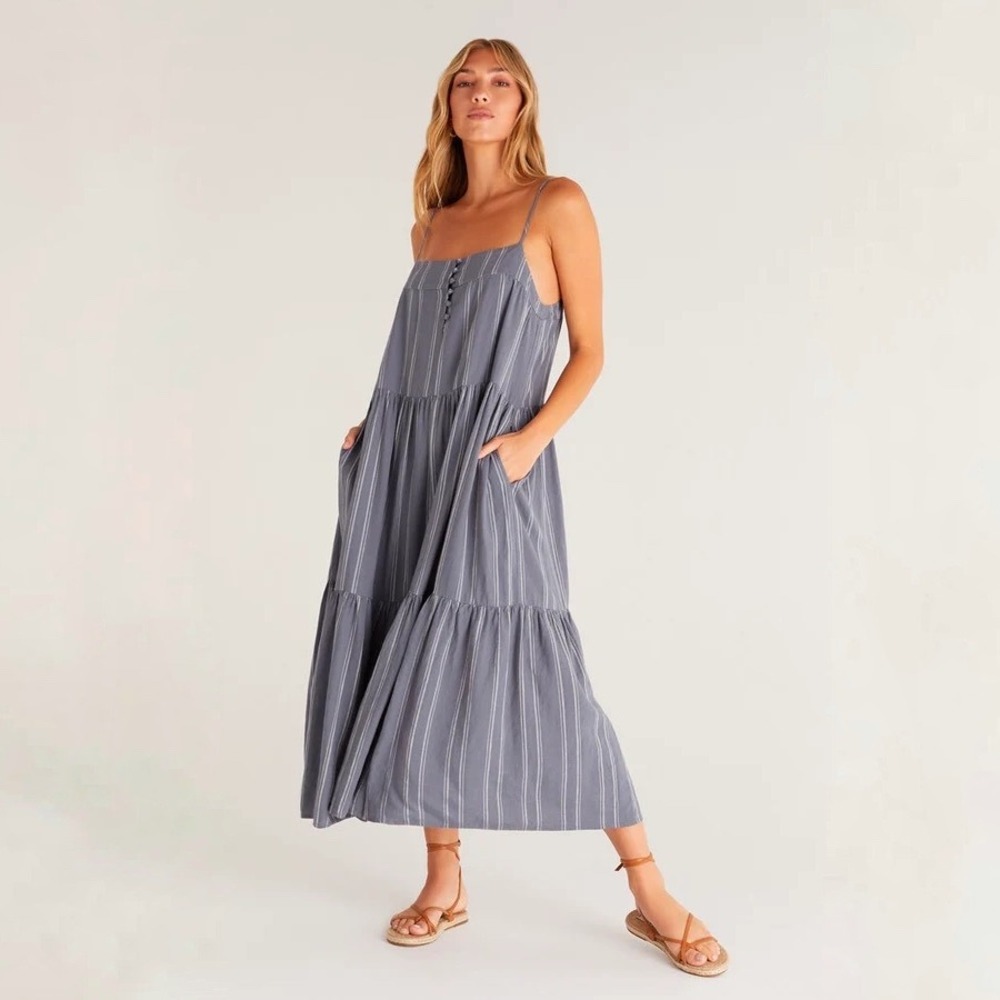 Z Supply Waverly Stripe Linen Blend Maxi Dress Worn Indigo Size Small